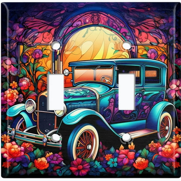 Metal Light Switch Wall Plate Outlet Cover (Printed Image of Vintage Car - Double Toggle)