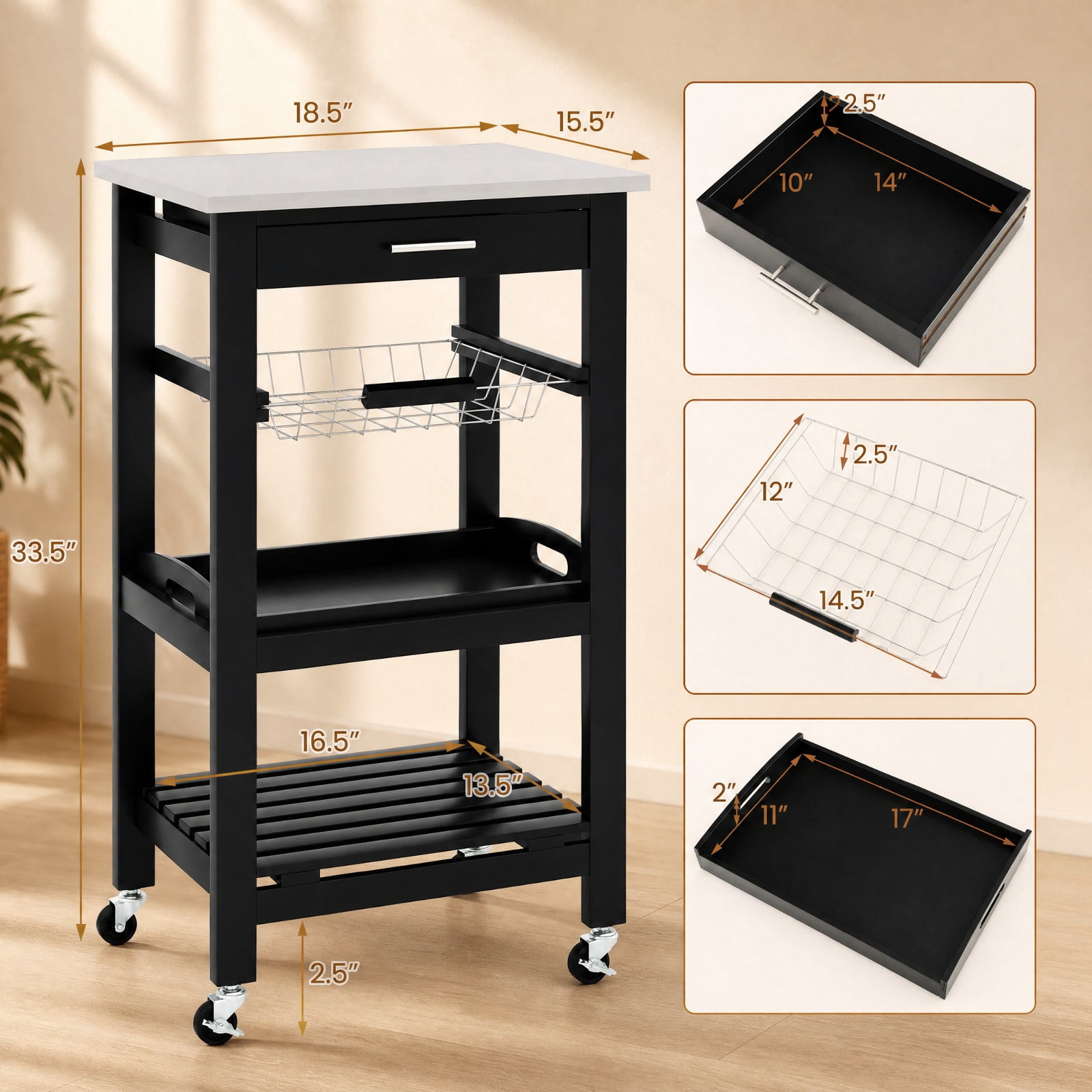 Furnibear Kitchen Island Cart on Wheels with Stainless Steel Tabletop Storage Drawer Wire Basket and Bottom Shelf for Small Kitchens, Black