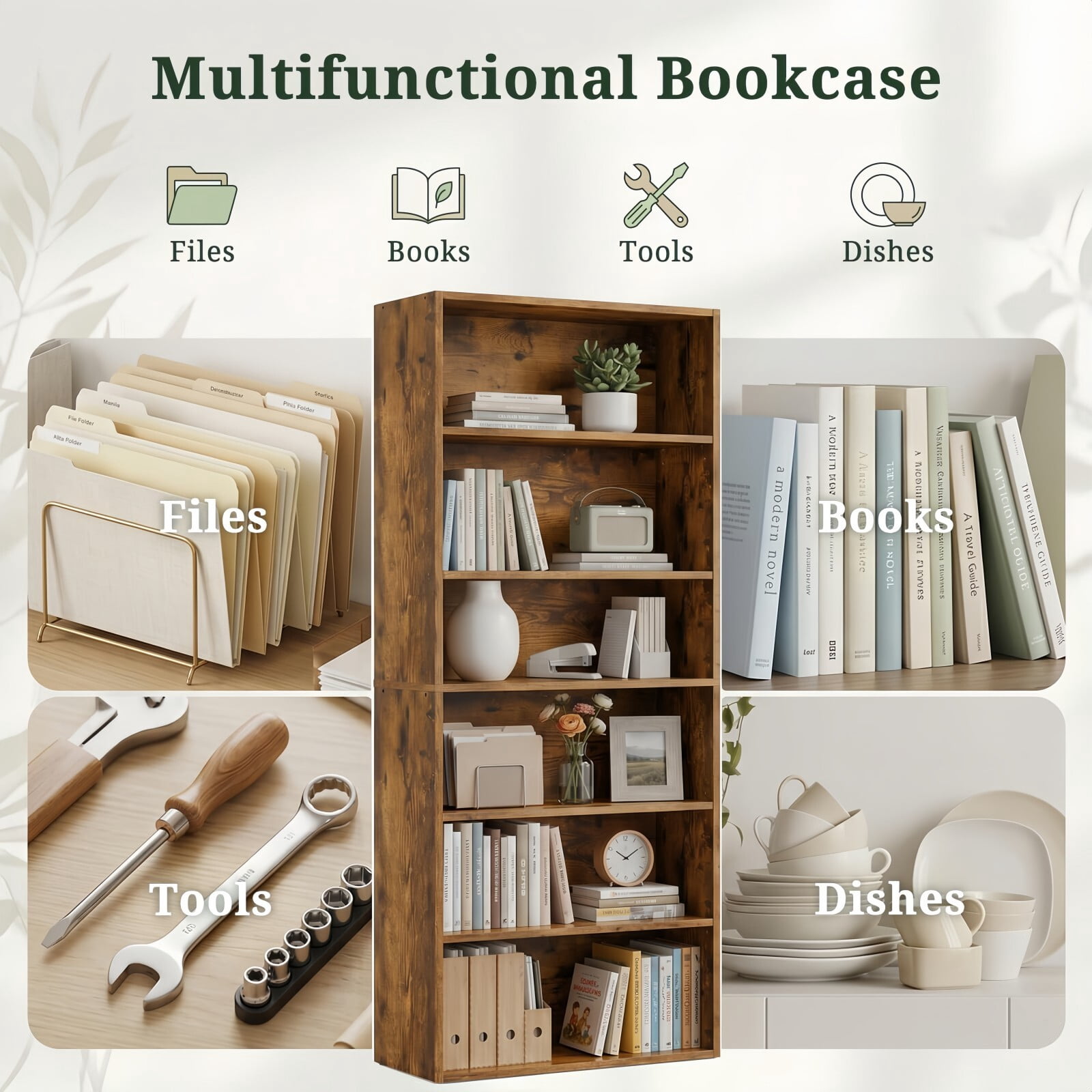 Kelno 6 Tier Vintage Bookshelf 63" Freestanding Wood Bookcase with Adjustable Shelf Anti-Tip Kit, Rust