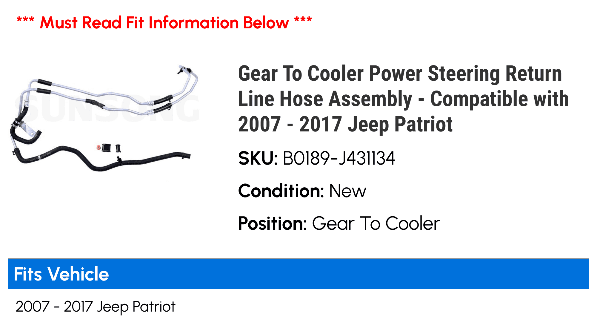 Gear To Cooler Power Steering Return Line Hose Assembly - Compatible with 2007 - 2017 Jeep Patriot 2008 2009 2010 2011 2012 2013 2014 2015 2016