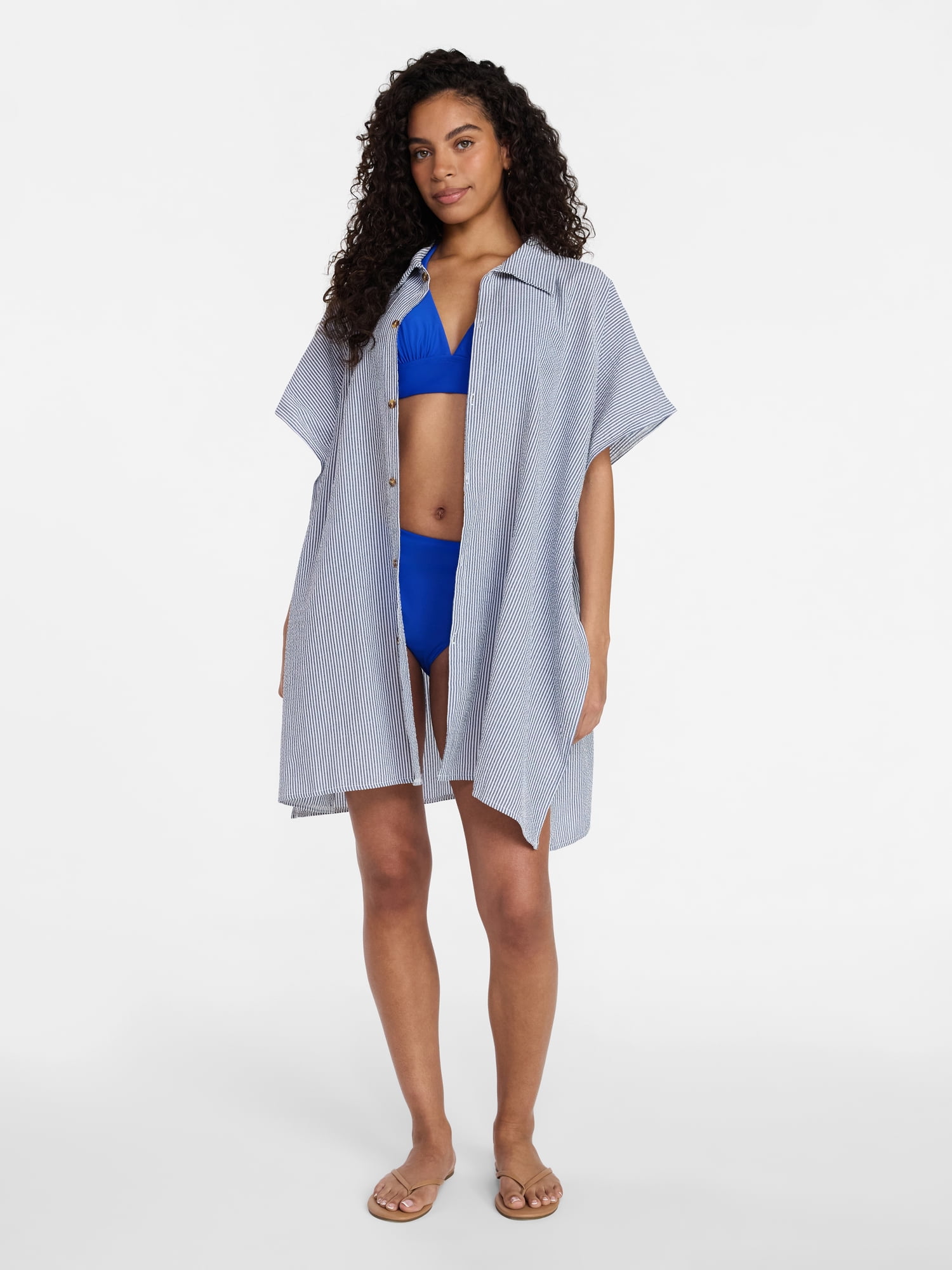 Time and Tru Women's Button Down Coverup, Sizes S/M, Blue/White