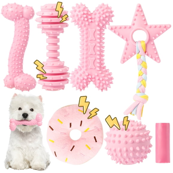 ASIDE 7 Pack Puppy Chew Toy Set, Pink Squeaky Teething Toys, Soft Durable Interactive Toys for Small Dogs