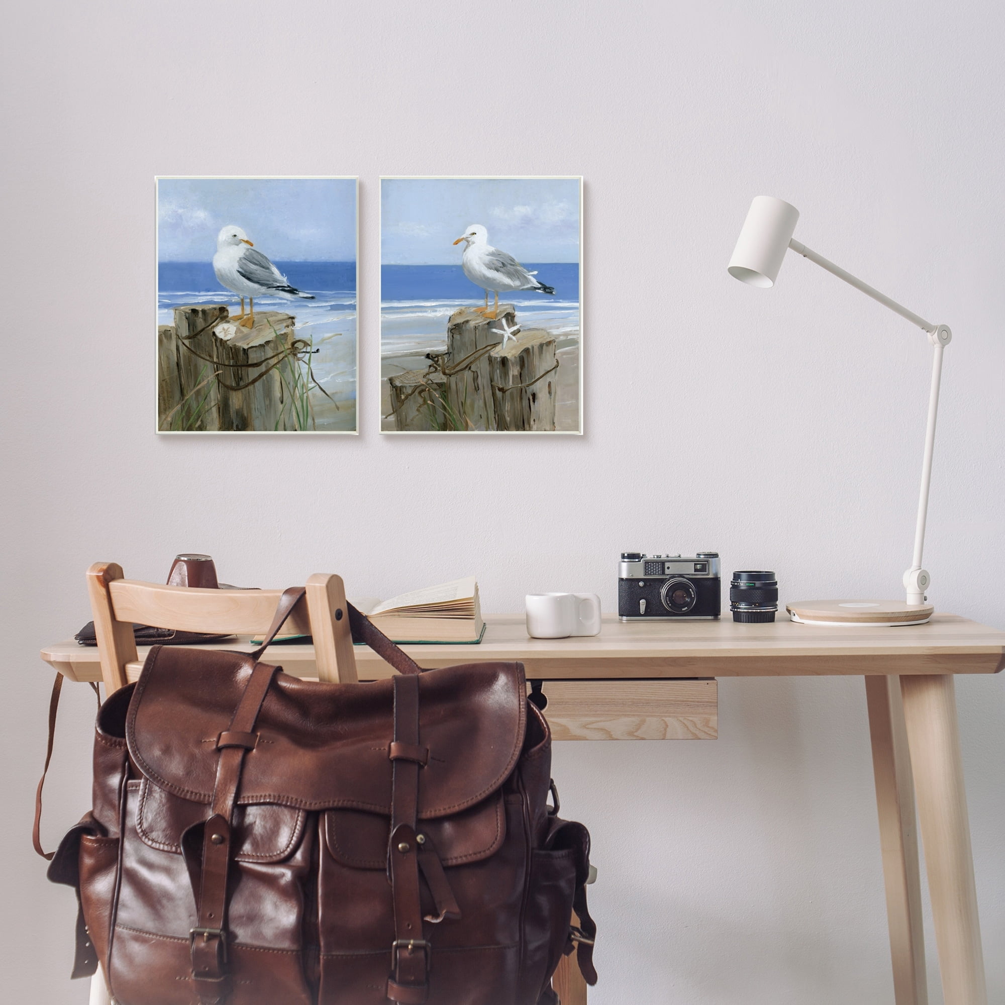 Seagulls Beach Shore Wooden Pillars Sanddollar Starfish Scene 10 in x 15 in Framed Painting Art Prints, by Stupell Home Décor Set of 2