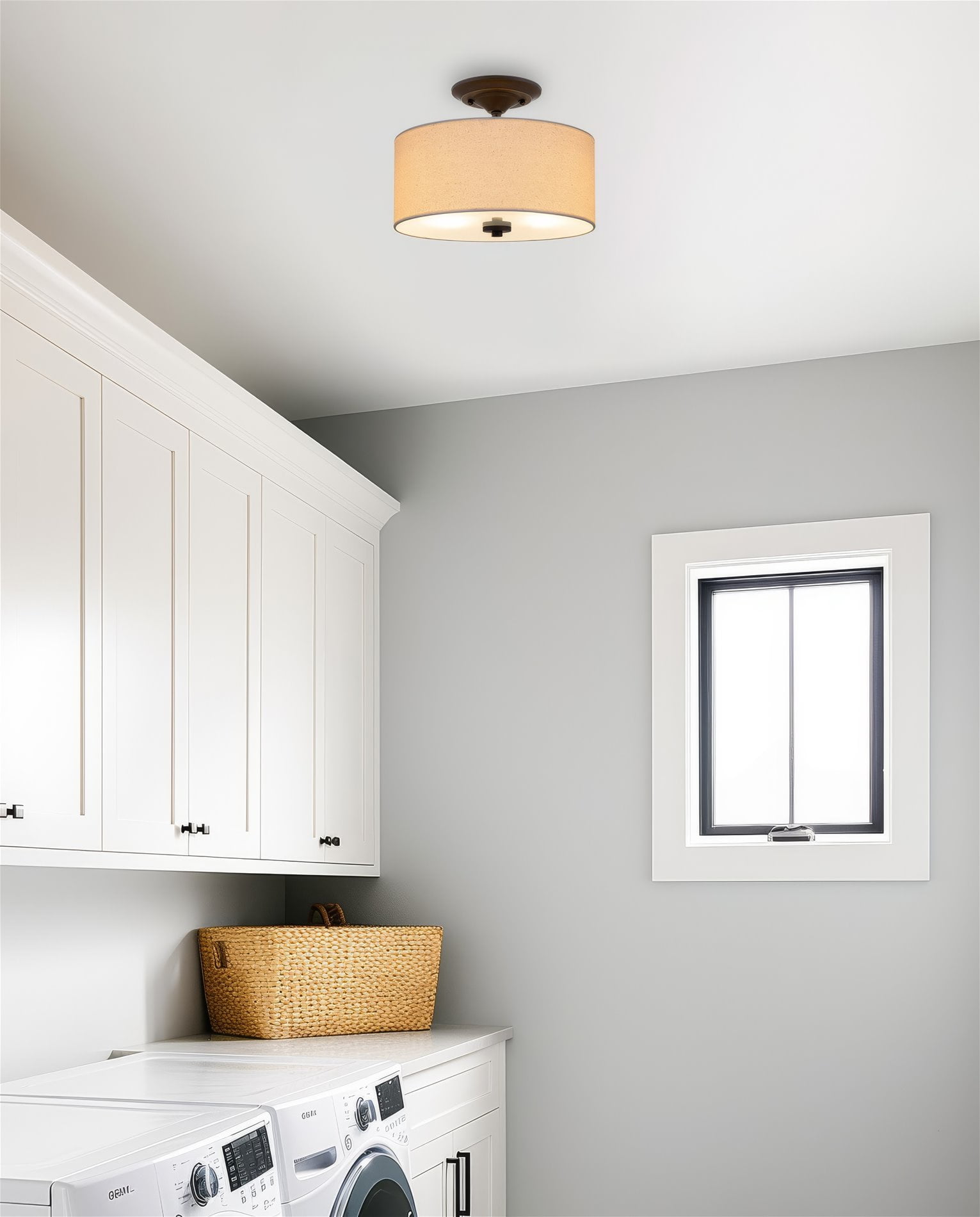 Kira Home Addison 13" Drum Semi Flush Mount with Off-White Fabric Drum Shade, 2-Light Ceiling Light, Oil Rubbed Bronze
