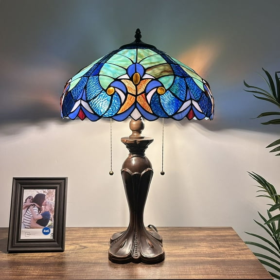 Tiffany Table Lamp Green Blue Stained Glass Liaison LED Bulbs Included For Living Room Dining room Bedroom Bedside16"W*16"D*24"H
