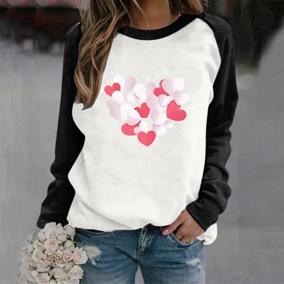 FASHOFT Crewneck Valentine Day Sweatshirt for Women Love Heart Graphic Shirts Valentine's Day Gift for Her Oversized Hoodies Black L