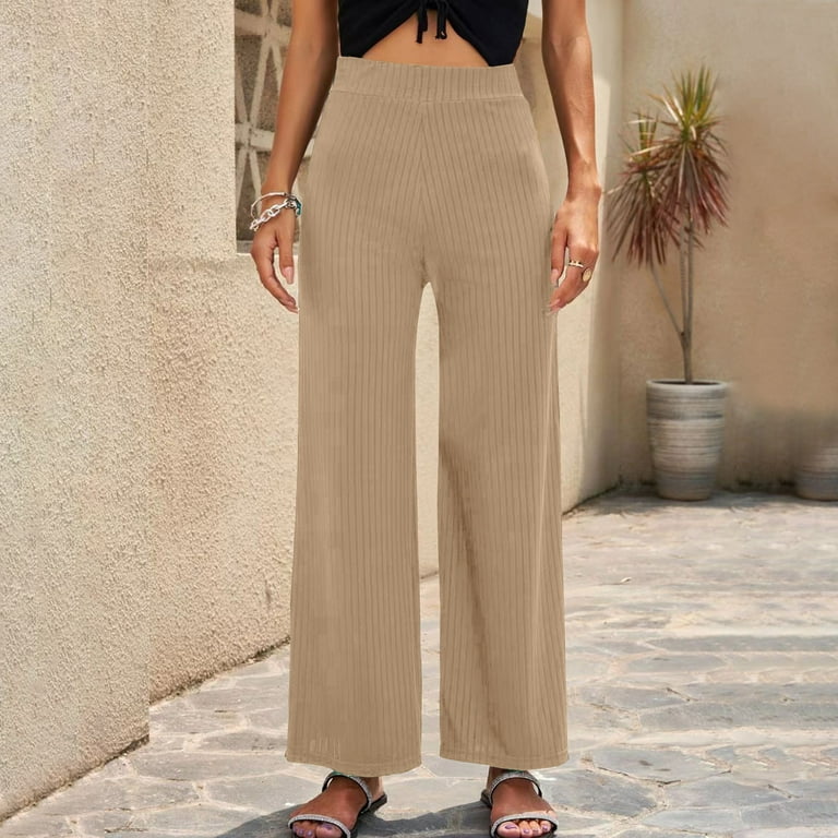 fartey Women Wide Leg Pants Solid Color Lounge Stretchy Ribbed Trousers  2023 Summer Loose Fit High Waist Pockets Trousers