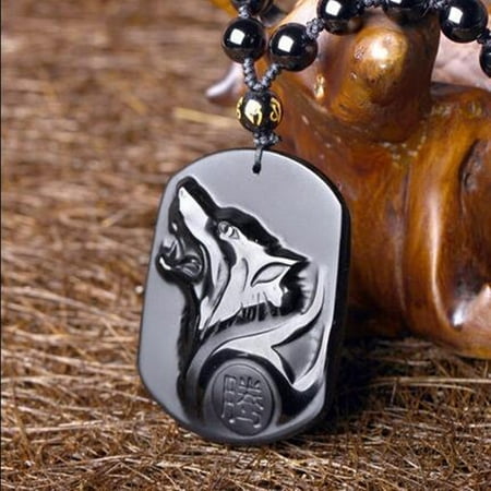 Carved Wolf Stone Natural Jewelry Handwork Carved Black Obsidian Wolf Head Pendant With Beads Necklace Pendent Gift ()