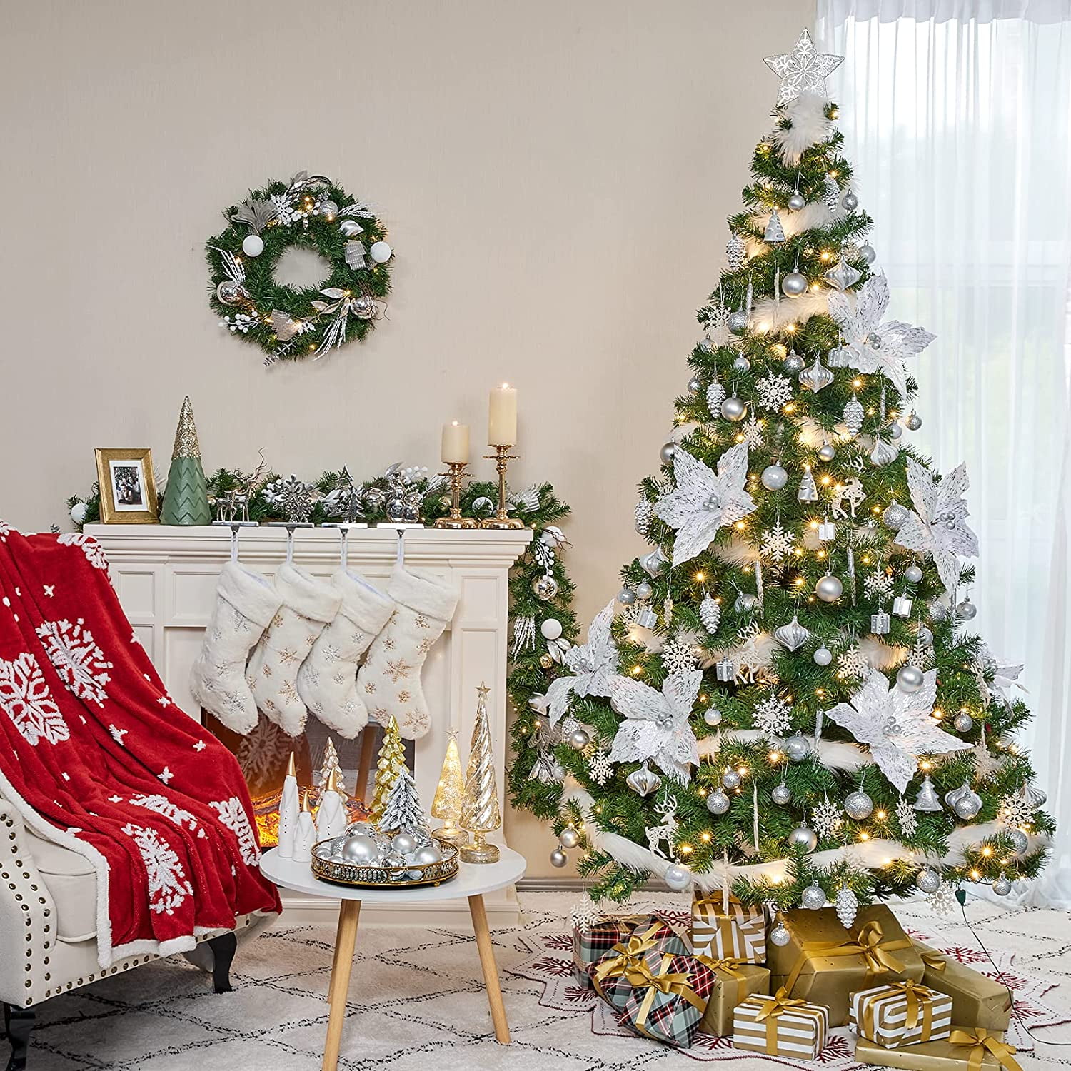Wbhome 6ft Pre Lit Pre Decorated Artificial Christmas Tree With Ornaments Snow White Christmas Decorations Including 6 Feet Full Tree 106pcs Ornamen