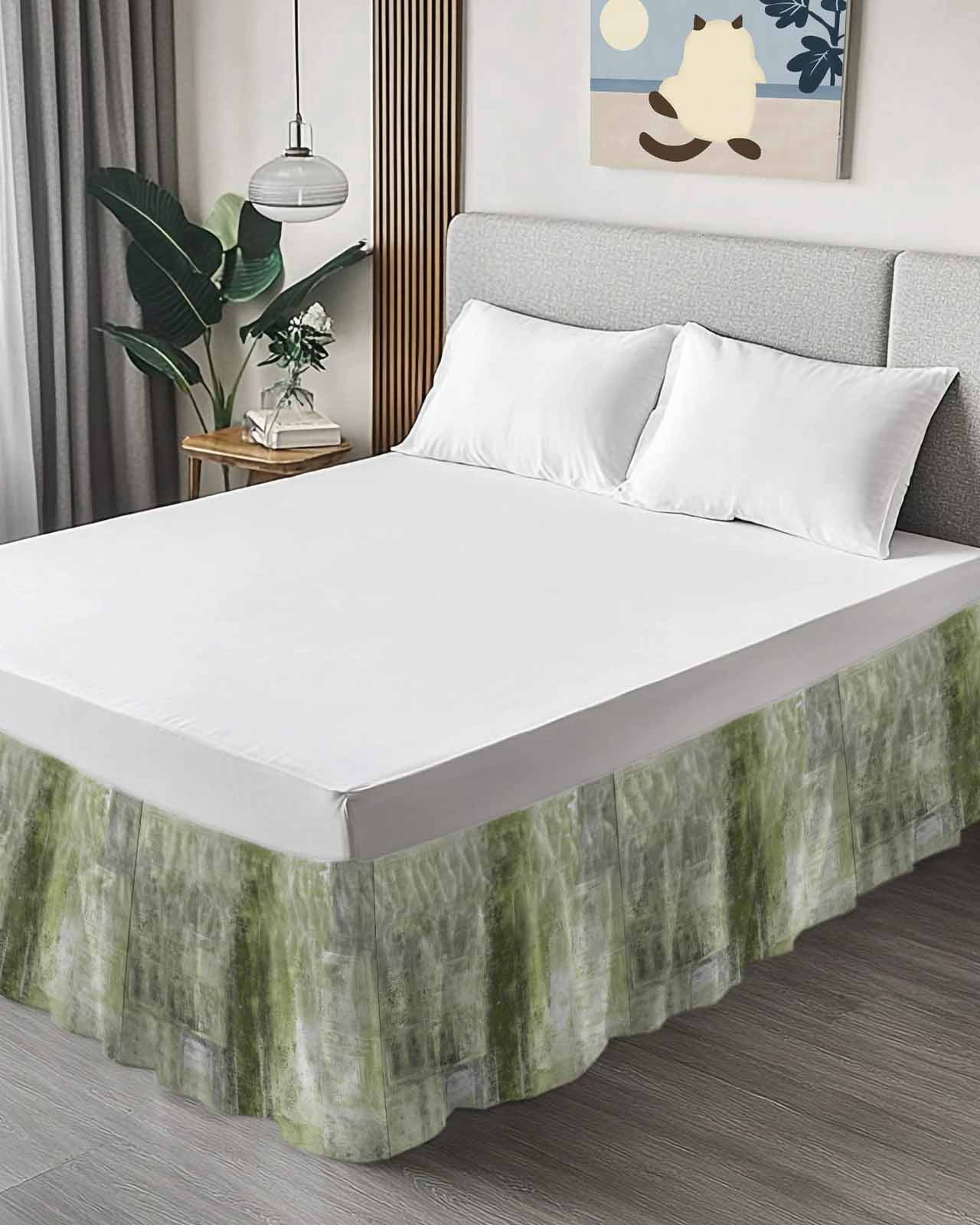 Sage Green Wrap Around Bed Skirts for King Bed 16" Drop,Bed Skirt with Adjustable Elastic Belt Dust Ruffle Bed Valance for Bedroom Retro Oil Painting Modern Abstract Art Aesthetics Bed Frame Cover