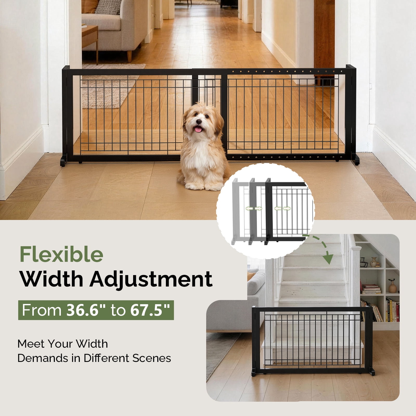 UBesGoo Folding Adjustable Freestanding 2 Panel Metal Dog Slide Gate Baby Safety Fence, no Drilling no Damage, Black