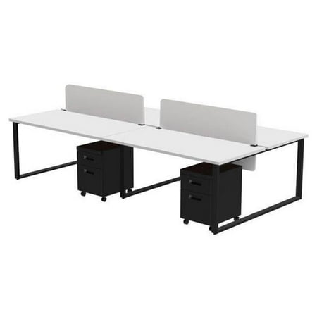 Privacy Finish - Marvel Aire ARTY004DWBK Benching for Four 60 x 30 in. Desks with 4 Mobile Pedestals & 2 Acrylic Privacy Screens, Designer White Laminate & Black Finish