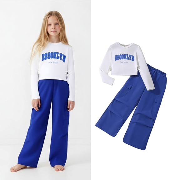 2 Piece Sets for Girls Long Sleeve Letter Print T-Shirt Top and Cargo Pants Set Spring Clothes 8-9 Years Outfits for Girls