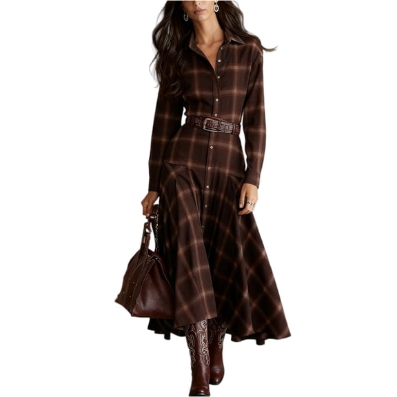 Plaid Maxi Dress for Women,Long Sleeve V-Neck Lapel Button Down Asymmetric Hem Plaid Maxi Shirt Dresses Brown L