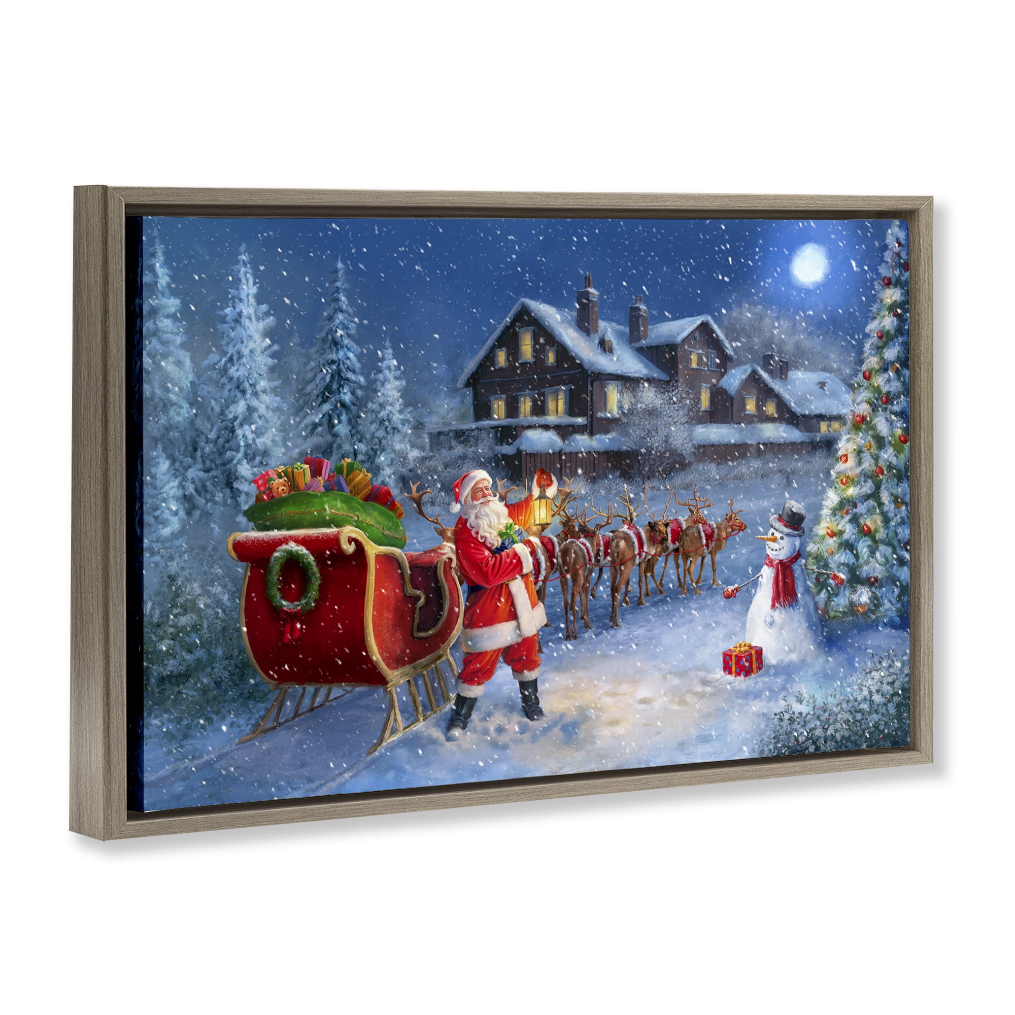Stupell Industries Santa Snowy Night View Holiday Painting Brown Floater Framed Canvas Art Prints Wall Art, 25 x 17