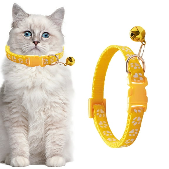 Hohaski Adjustables Cats Collar Pawss Print Designs with Bells Kittens Puppy Safety Breakaway Clasp Soft Neckband Reflective Strip Pet Identification Accessory