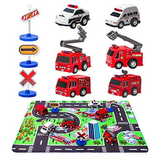 Fire Truck Toys with Play Mat, 6 Fire Engines, 3 Road Signs, 14" x 18