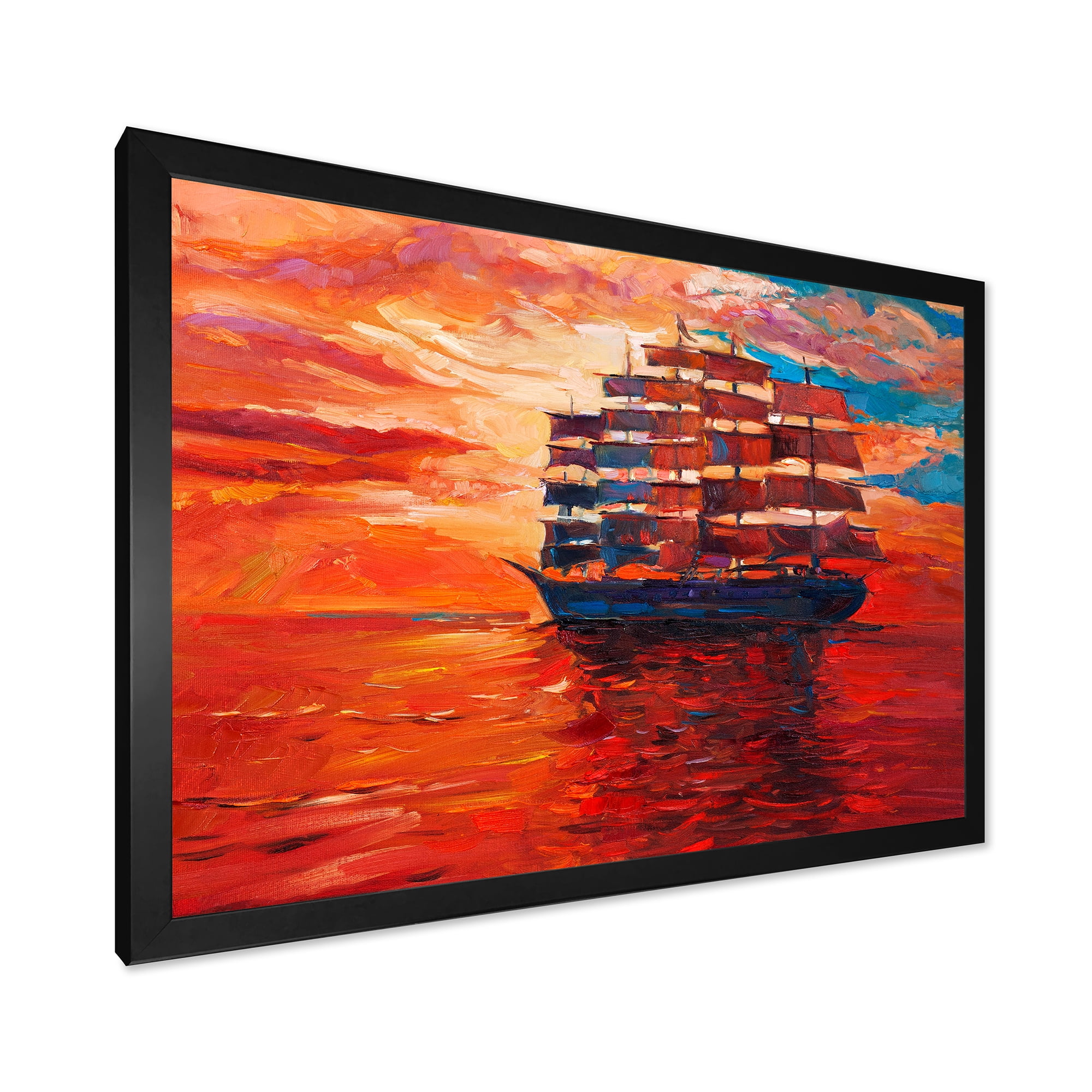 Frigate During Red Evening Glow On The Ocean Horizon 40 in x 30 in Framed Painting Canvas Art Print, by Designart