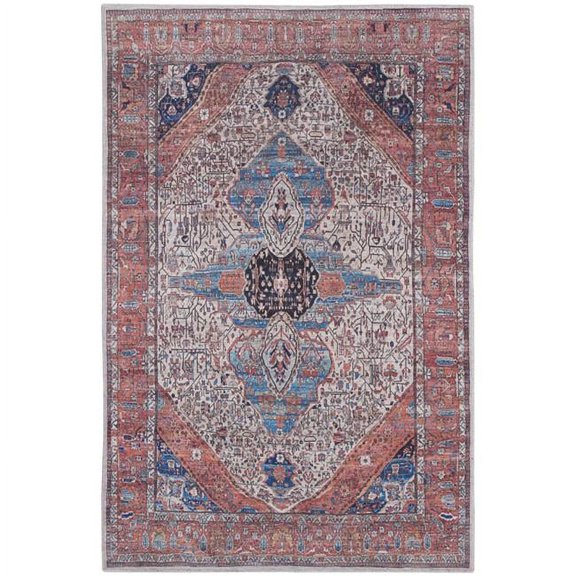 4 x 6 ft. Red & Ivory Oriental Traditional Power Loomed Distressed Washable Non Skid Rectangle Area Rug