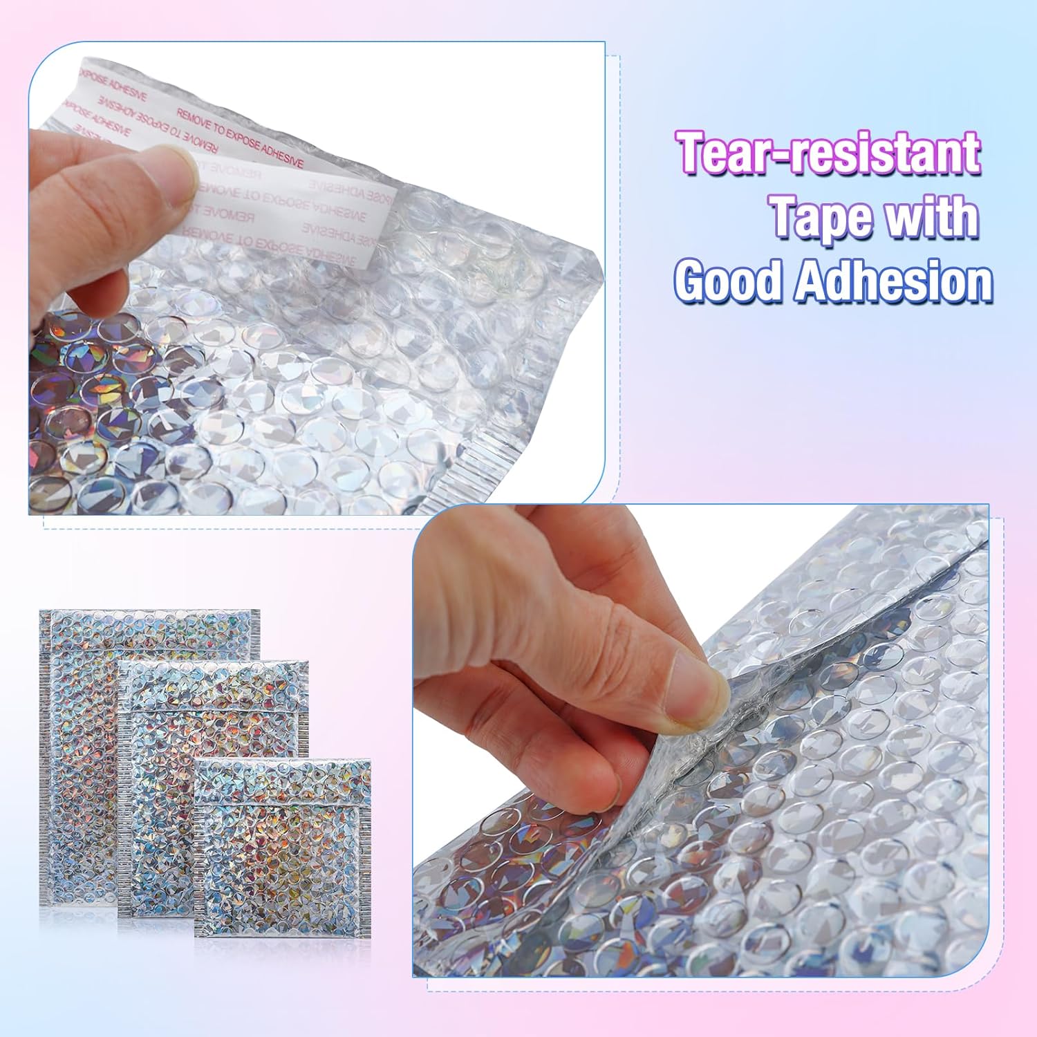 50 Pieces Holographic Bubble Mailers,3 Sizes Metallic Bubble Mailers,Sliver Foil Glitter Padded Envelopes,Self Sealing Waterproof Shipping Bags,Cushion Envelopes for Mailing Packing