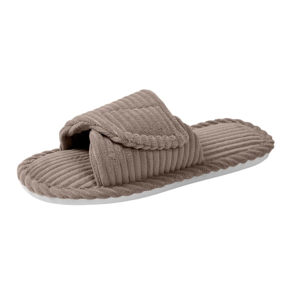 CIENVNSTG Womens Orthopedic Arch Support Fuzzy Adjustable Corduroy Memory Foam Open Toe Slippers Comfortable Non‑Slip Indoor Slides Supportive Footwear Khaki 39