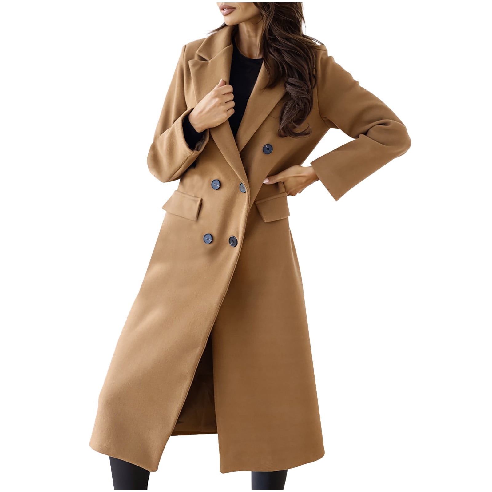 Hfyihgf Women Lapel Double Breasted Pea Coats Elegant Fall Winter Pocket Trench Overcoat Jacket Outwear Khaki M