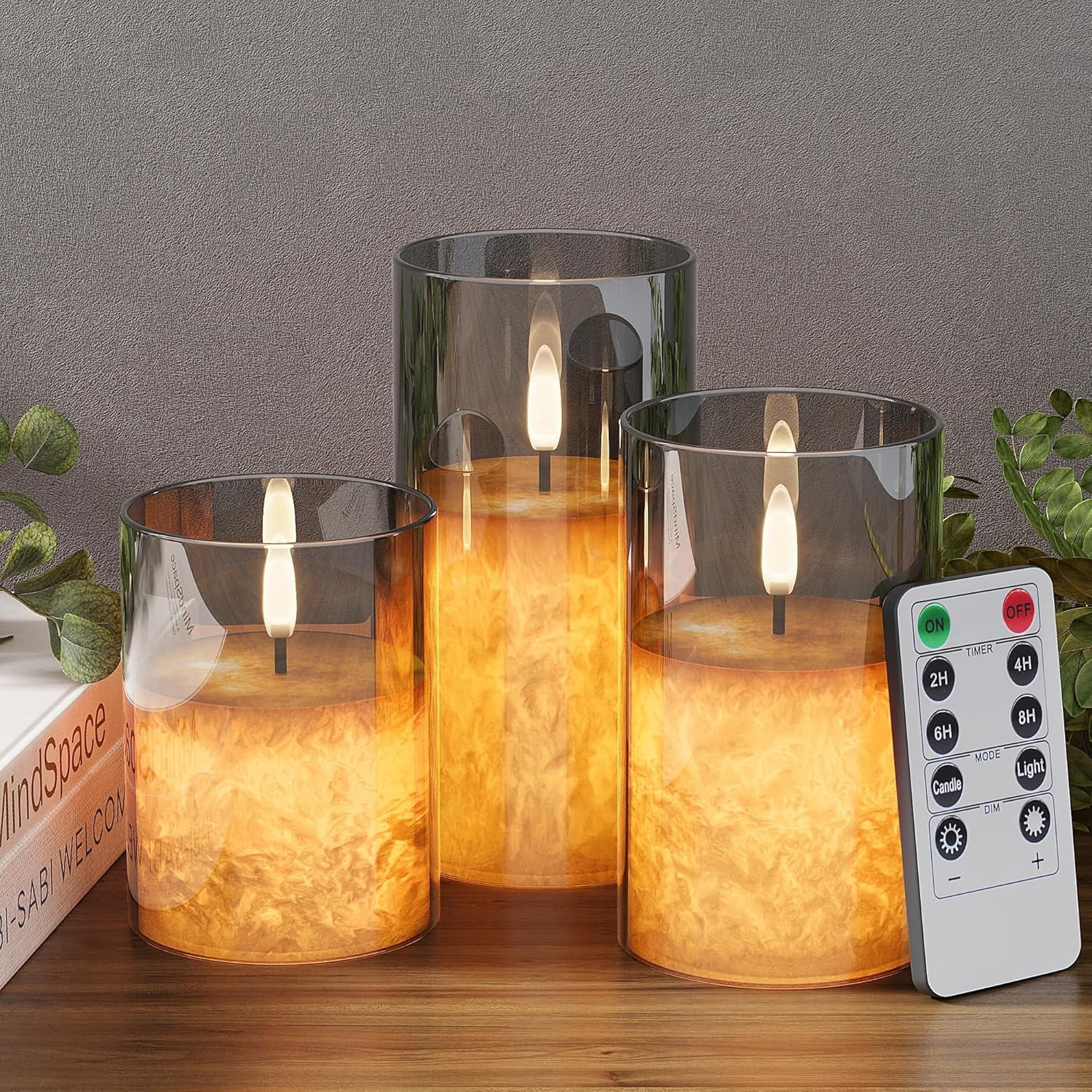 Ice Crystal Real Wax Glass Flameless Candles with Remote & Timer, Battery Operated Candles with Warm Flickering Flame, Realistic LED Candle for Wedding Home Decor [D3×H4/5"/6"] Gold, 3Pack