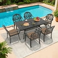 thumbnail image 3 of Hzzkey 7-Piece Rectangle Cast Aluminum Patio Set , Brown Cushions , Umbrella Hole , Black, 3 of 11