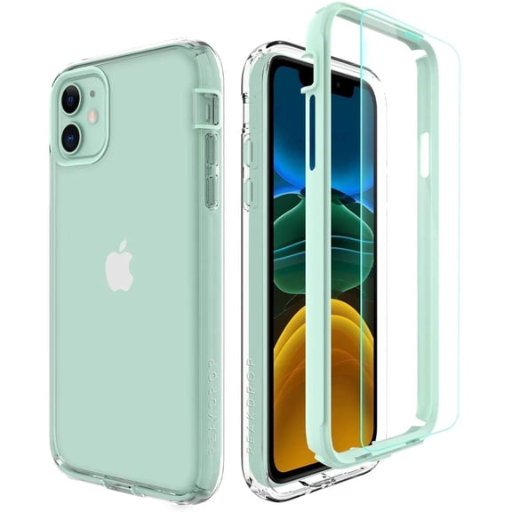 PeakDrop Compatible with iPhone 11 Case, Clear Full Body Heavy Duty Protective Case Transparent Cover Designed for iPhone 11 (2X Glass Screen Protector Included) (6.1 inch, 2019) - Mint