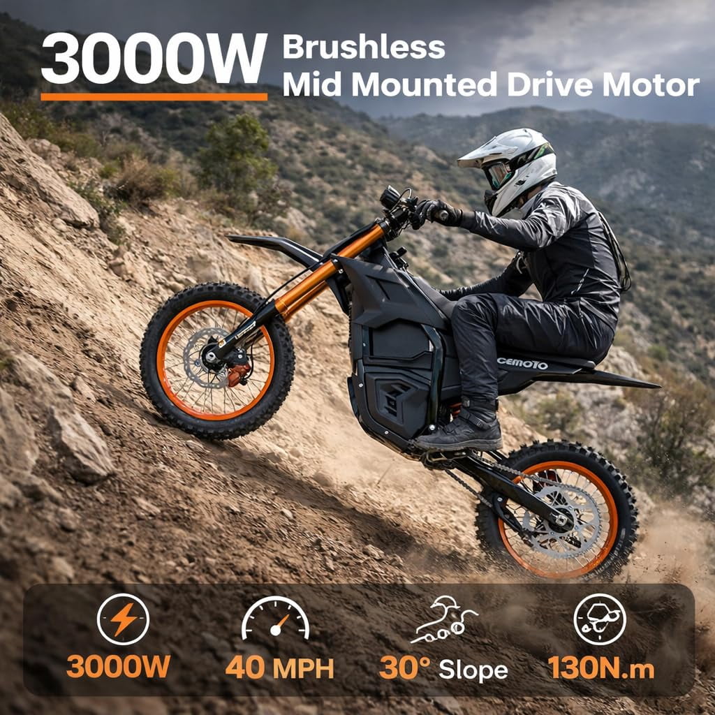CEMOTO D02 Electric Dirt Bike for Adults, 48V/21A 3000W Motor, 40 mph Max, 25–34 Miles Range, 14”/12” Knobby Tires, 85% Pre-Assembled, Off-Road Trail eBike,UL2849,Orange