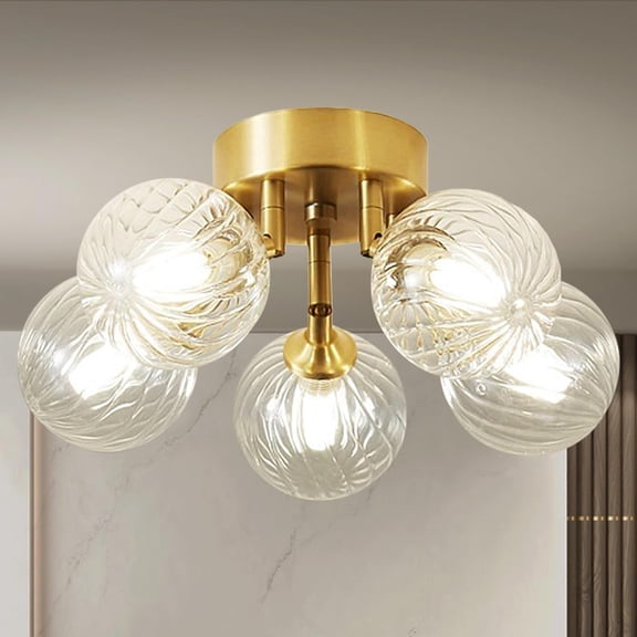 Semi Flush Mount Ceiling Light Glass Globe, 5-Light Ribbed Glass Brass Ceiling Light Fixture with LED G9 for Entryway Kitchen Dining Room Living Room, Gold