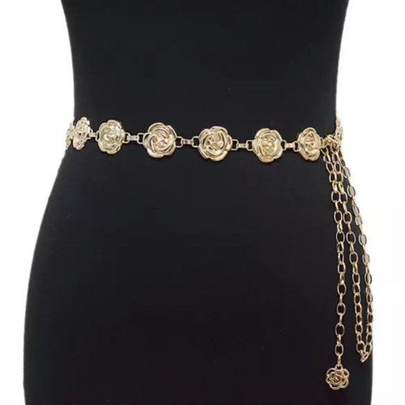 HOOUN Gold Silver Color Rose Chain Belt Women Fashion Metal Thin Shiny Flower Belts-_-Gold