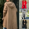 thumbnail image 2 of Fall Winter Women Woolen Jacket Hooded Mid Length Hoop Decor at Back Single-breasted Long Sleeves Solid Color Commuting Daily Wear Overcoat, 2 of 8