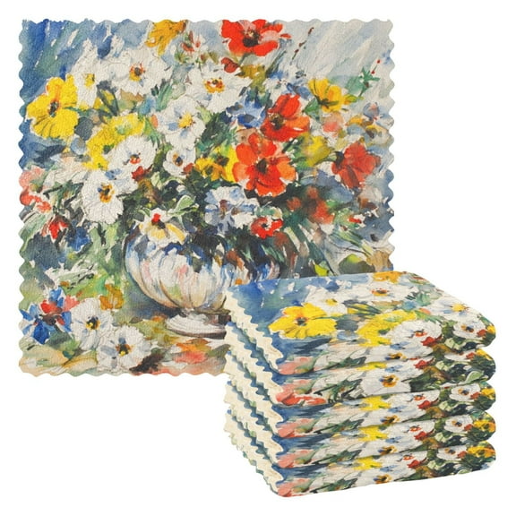 Watercolor Pretty Flowers Kitchen Cloth Dish Towels for Drying Washing Absorbent Dish Rags 6 Pack