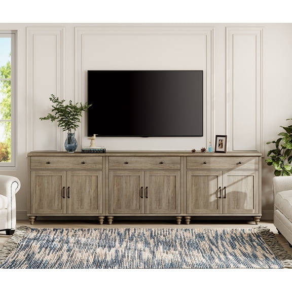 Wash Gray Farmhouse TV Stand for 85 inch TV with Drawers & Doors