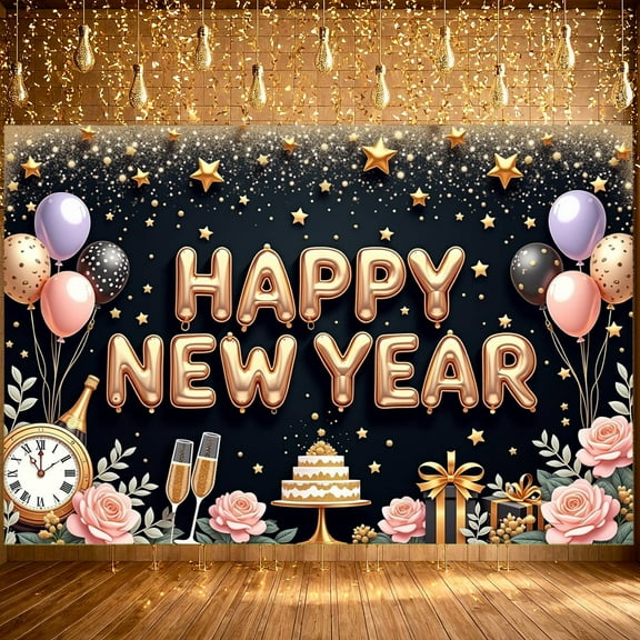 Colorful Balloons Happy New Year Decorative Banner Celebratory Design Party Backdrop for New Year Event Party Home Decoration Indoor Celebration
