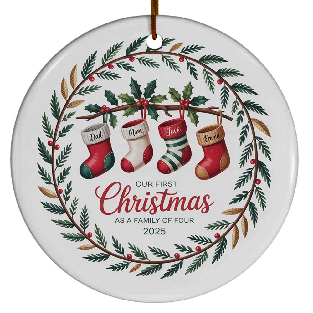 Dad Mom Baby Sock Christmas Ornament Gift, Our First Christmas As A Family Four Stockings Ornament, 1st Christmas As Family 4 Stockings Ornament