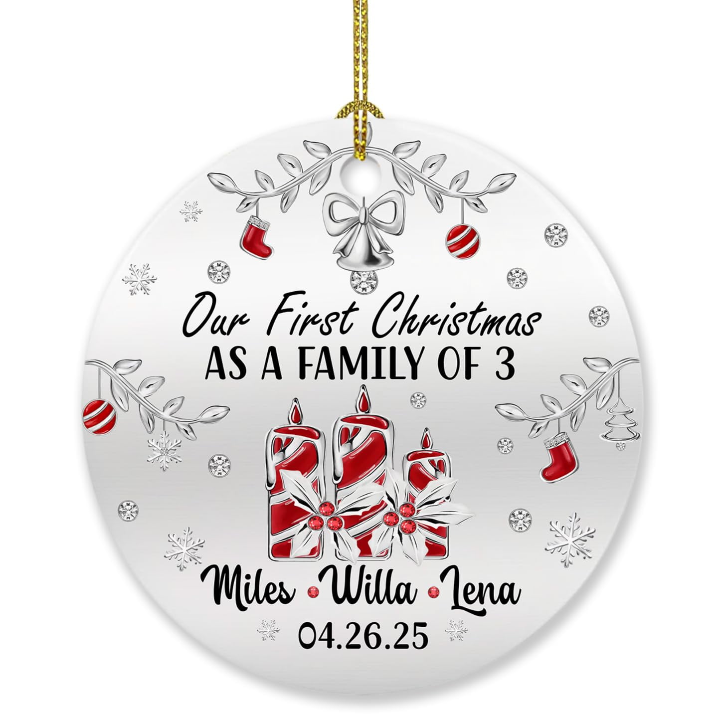 Family Candle of 3 Ornament Gift for New Dad Mom Baby, Personalized Our First Christmas As A 2025, Three Gift, Custom Names Our First Christmas as a Family of 3 Ornament #1