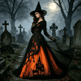 thumbnail image 2 of AoDai Gothic style long-sleeved witch dress with ghost castle print, suitable for Halloween party cosplay (all dress patterns are printed, the dress does not include a petticoat)., 2 of 6
