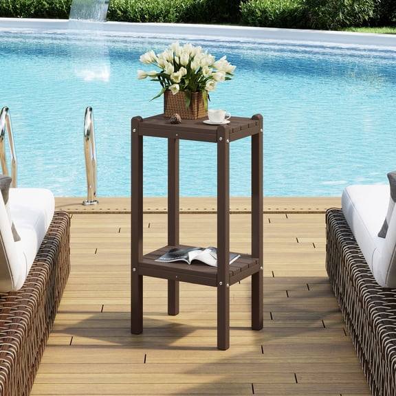 Costaelm 36'' Modern Adirondack Square Outdoor Side Table, All Weather Use Double Layer Patio Side Table, Dark Brown