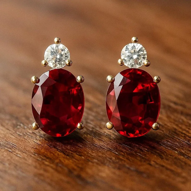 2 Ct Oval Cut Simulated Ruby Solitaire Stud Earrings 14K Yellow Gold Plated Sterling Silver for Women