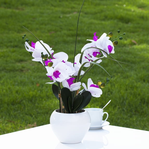 Enova Home Artificial Real Touch Orchids Faux Flowers Arrangement in White Ceramic Pot for Home Office Wedding Decoration