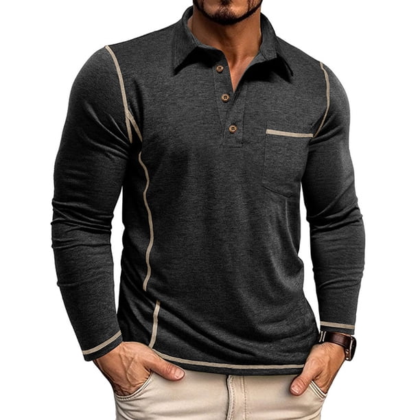Blusa y camisa de manga larga con cuello vuelto para hombre, color liso, informal, de moda, para negocios, con botones y solapa, de poliéster.