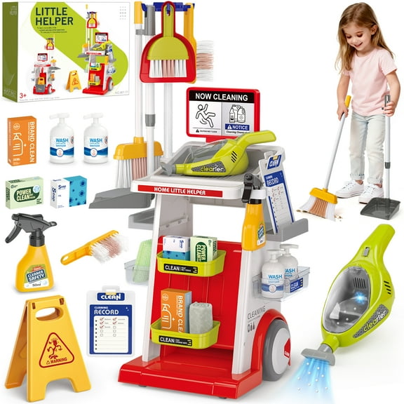 Huge Wave Kids Cleaning Set Toys, 22PCS Pretend Play Housekeeping Supplies Kit, with Electric Vacuum Cleaner, Housekeeping Cart Christmas Toys Gift for Boys & Girls 6-12 Years