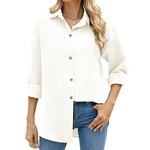 TEMOFON Womens long sleeve shirt Work Blouse Pleated Button Down Textured Solid color Casual Loose Collared Blouse Tops White L