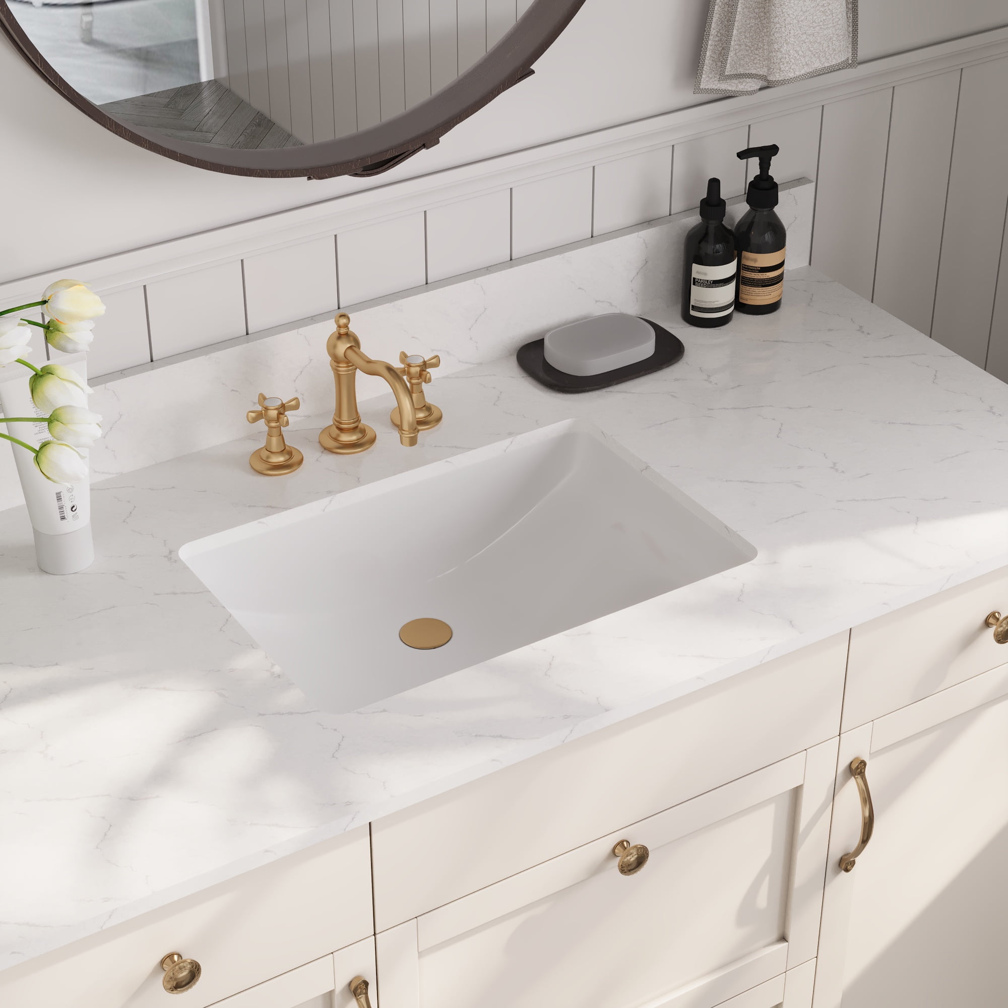 48.8" X 22" Engineered Stone Single Bathroom Vanity Top with Ceramic Sink, Three Faucet Holes