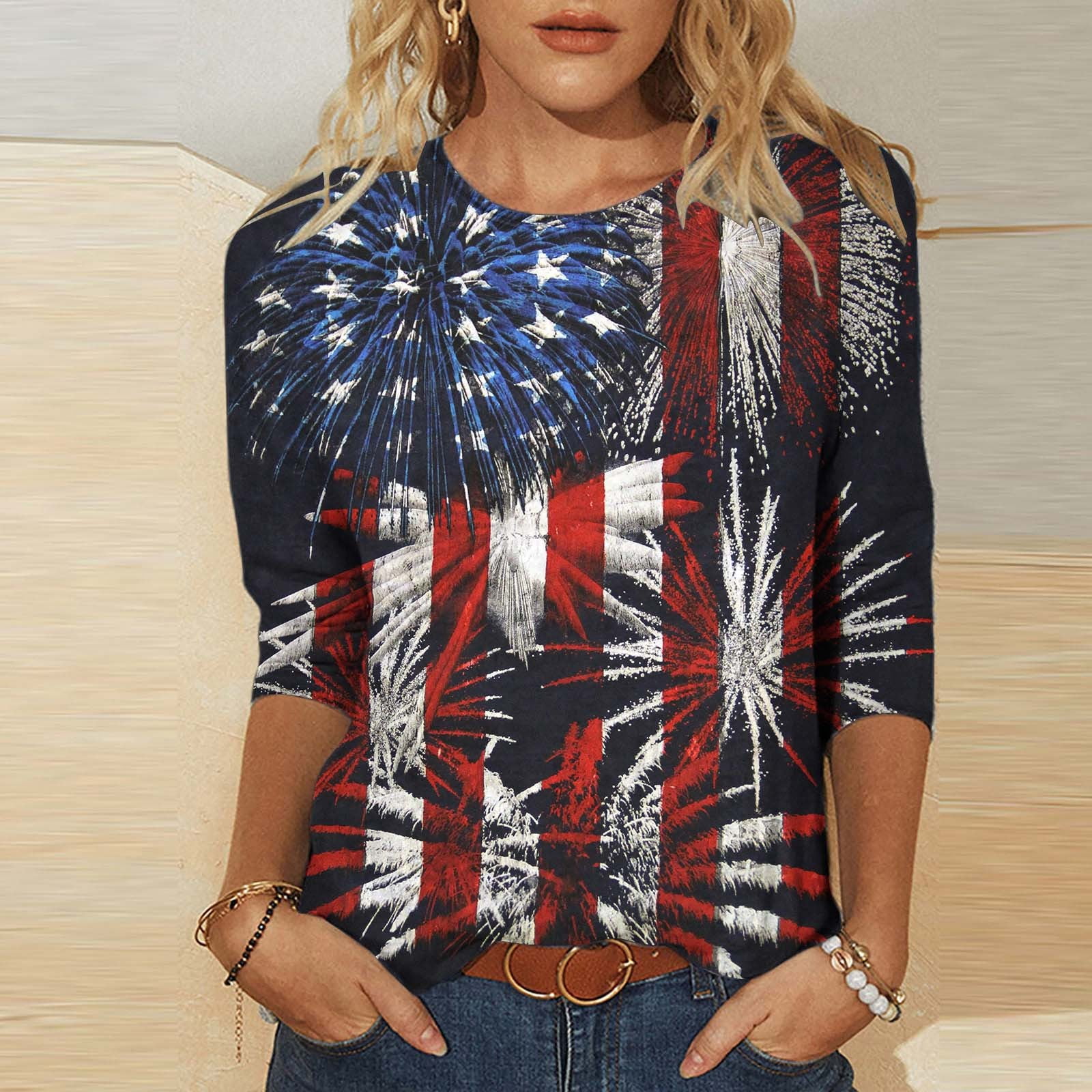 4th of July 3/4 Sleeve Shirts for Women 2023 Dressy Summer American ...