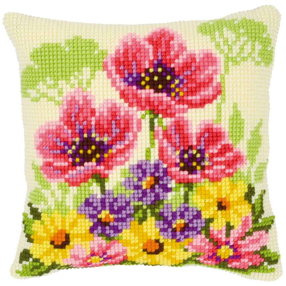 Vervaco Cross Stitch Cushion Kit Flower Field Poppies 16" x 16