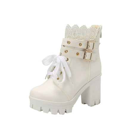 

EUHDSSDE Ladies Leather Lace Decorative Belt Buckle Back Zipper Thick High Heel Short Boots