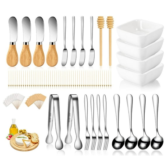 Charcuterie Board Accessories With 3 Oz Ceramic Dip Bowls Wooden Handle Silve...